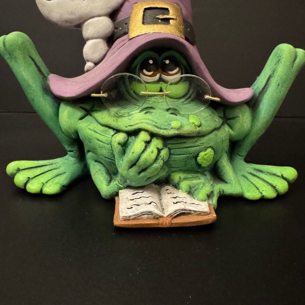 Whimsical Green Oops Witch Frog Figurine Glasses Purple Hat & Book Halloween - Picture 3 of 12